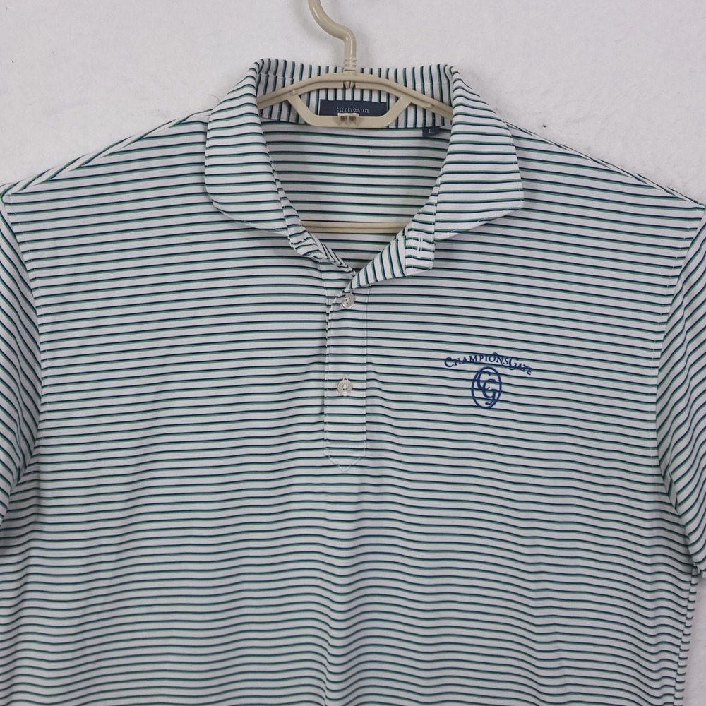 Turtleson Polo Shirt Mens L Green Striped ChampionsGate Golf Performance Short